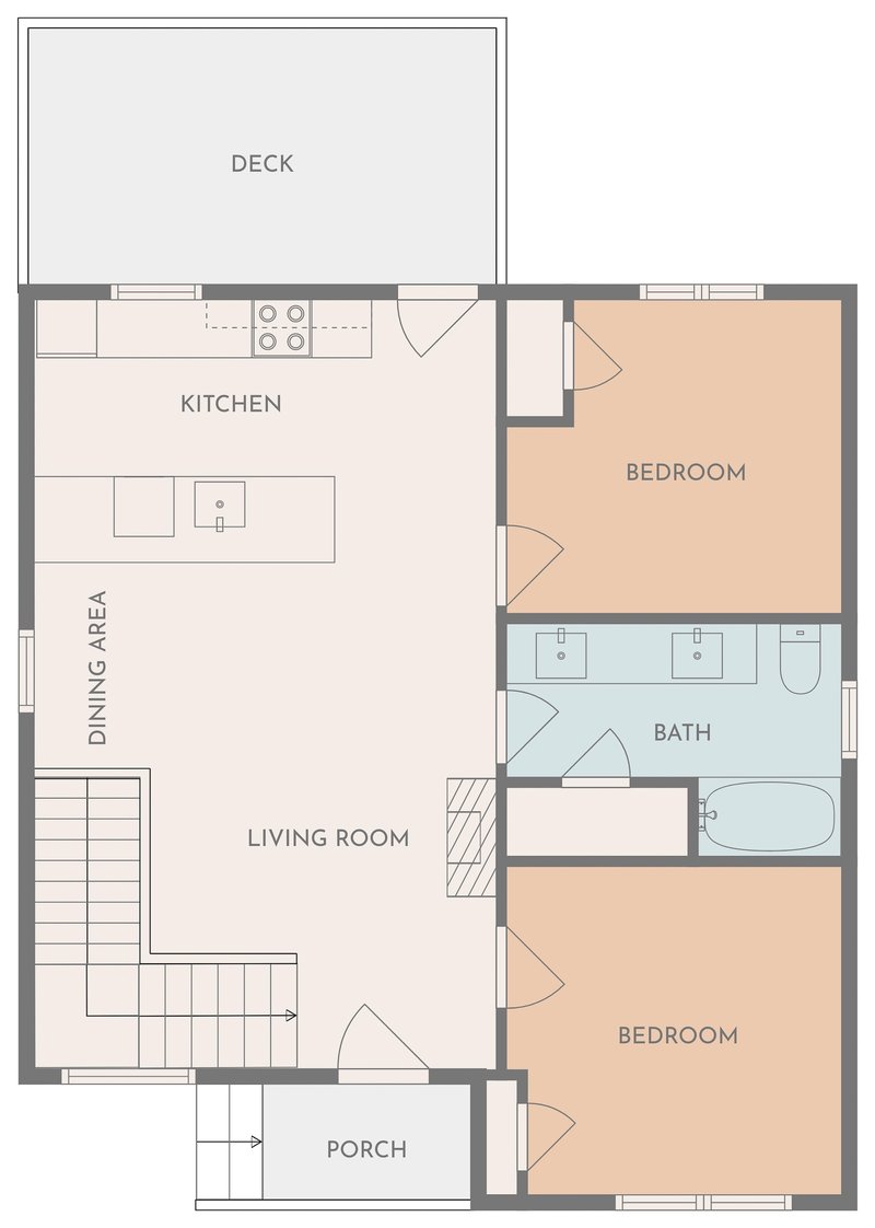 Main-level floor plan: porch, living room, dining area, kitchen, two bedrooms, a bathroom and the upper deck